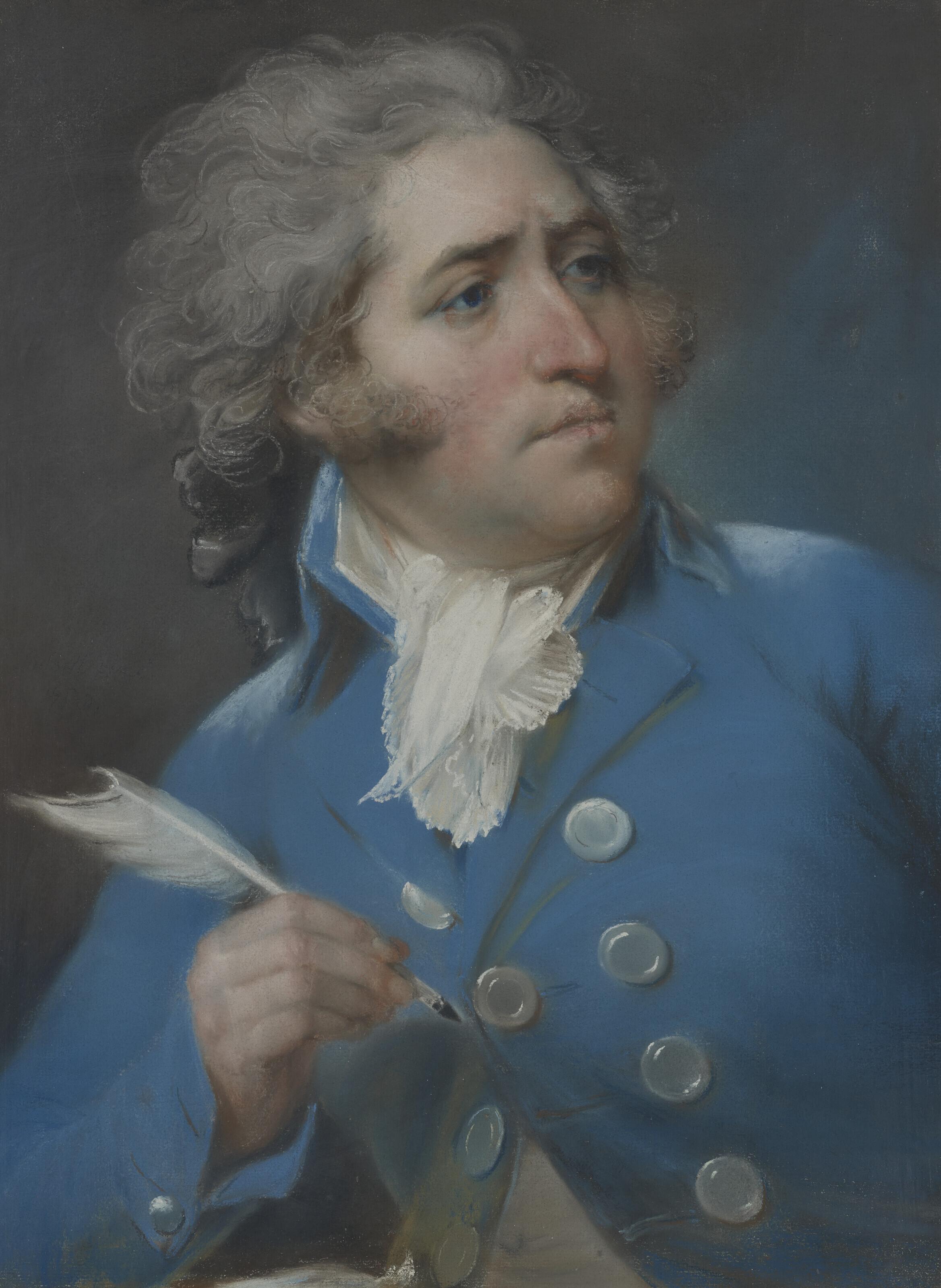 John Russell, R.A. - Portrait of Major Edward Topham (1751-1820), half-length in a blue coat, holding a quill