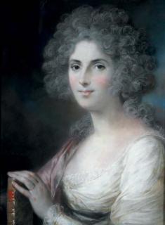 John Russell, R.A. - Portrait of Miss Lewis, bust-length, in a white silk dress and pink shawl, holding a book