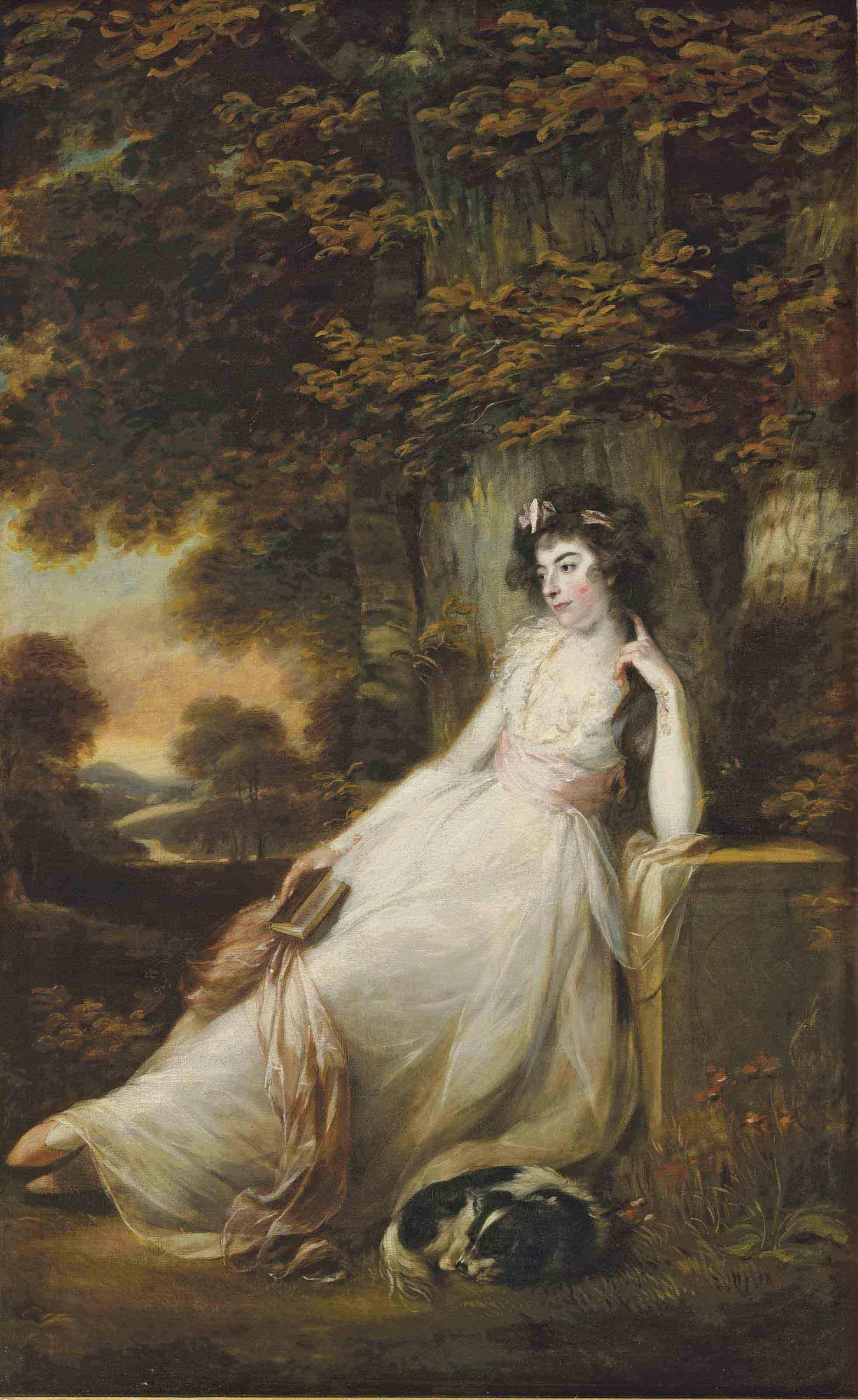 John Russell, R.A. - Portrait of Miss S.D. Chambers, full-length, in a white dress, seated with a dog, in a river landscape