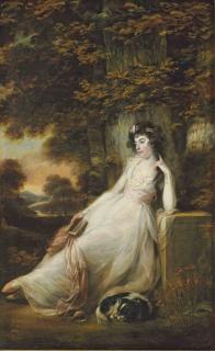 John Russell, R.A. - Portrait of Miss S.D. Chambers, full-length, in a white dress, seated with a dog, in a river landscape