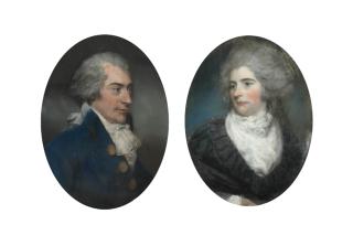 John Russell, R.A. - Portrait of Sir John Frederick, 5th Bt. (1750-1825), of Burwood Park, Walton-on-Thames, in a blue coat with powdered hair; and Portrait of Lady Frederick, née Mary Garth (d. 1794), in a white muslin dress with black lace cloak
