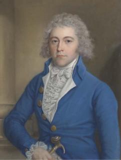 John Russell - Portrait of a Gentleman, half-length, in a blue coat, holding a cane in his right hand