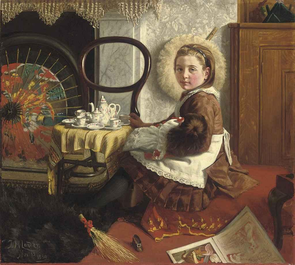 John Saint-Helier Lander - Portrait of Elsie Esther Cornish, aged 7, seated at a table with her doll and tea set