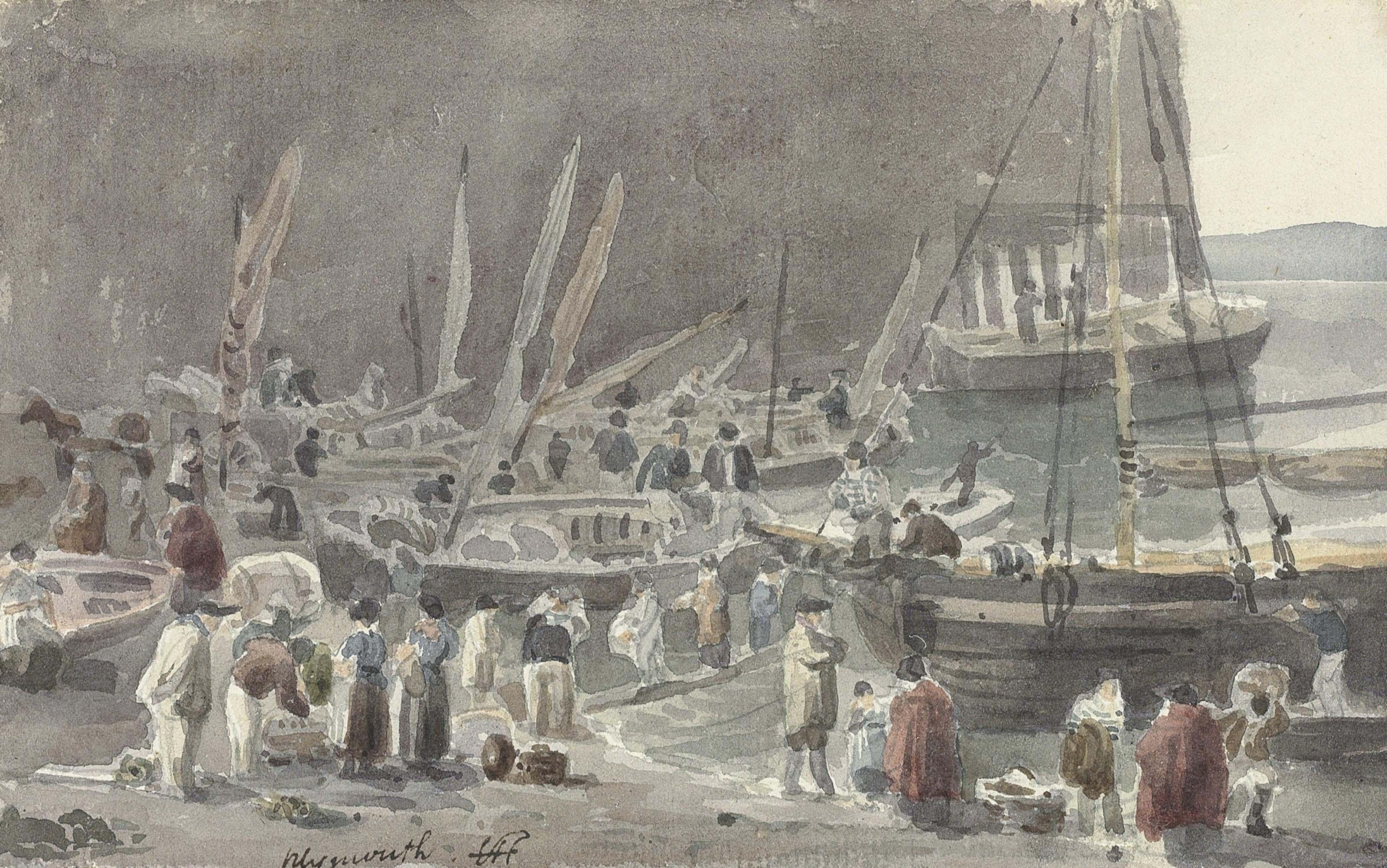 John Samuel Hayward - Fisherfolk among boats at Plymouth, Devon