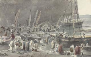 John Samuel Hayward - Fisherfolk among boats at Plymouth, Devon