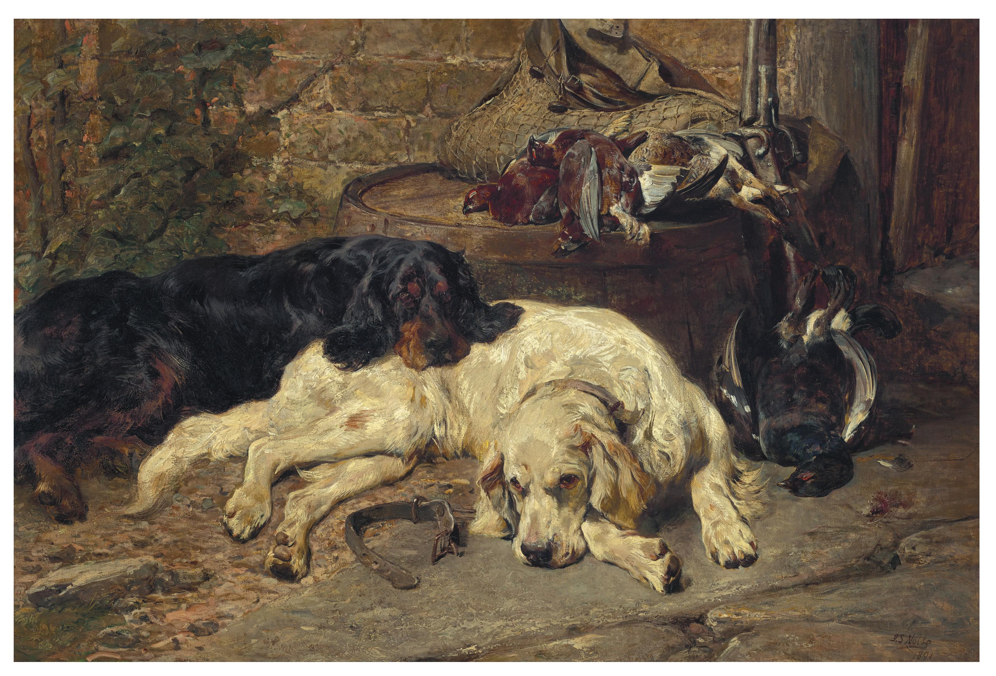 John Sargent Noble, R.B.A. - Gundogs with the Day\'s Bag
