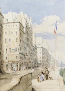 John Scarlett Davis - Figures and a dog on the quayside, Paris, near the Pont Neuf