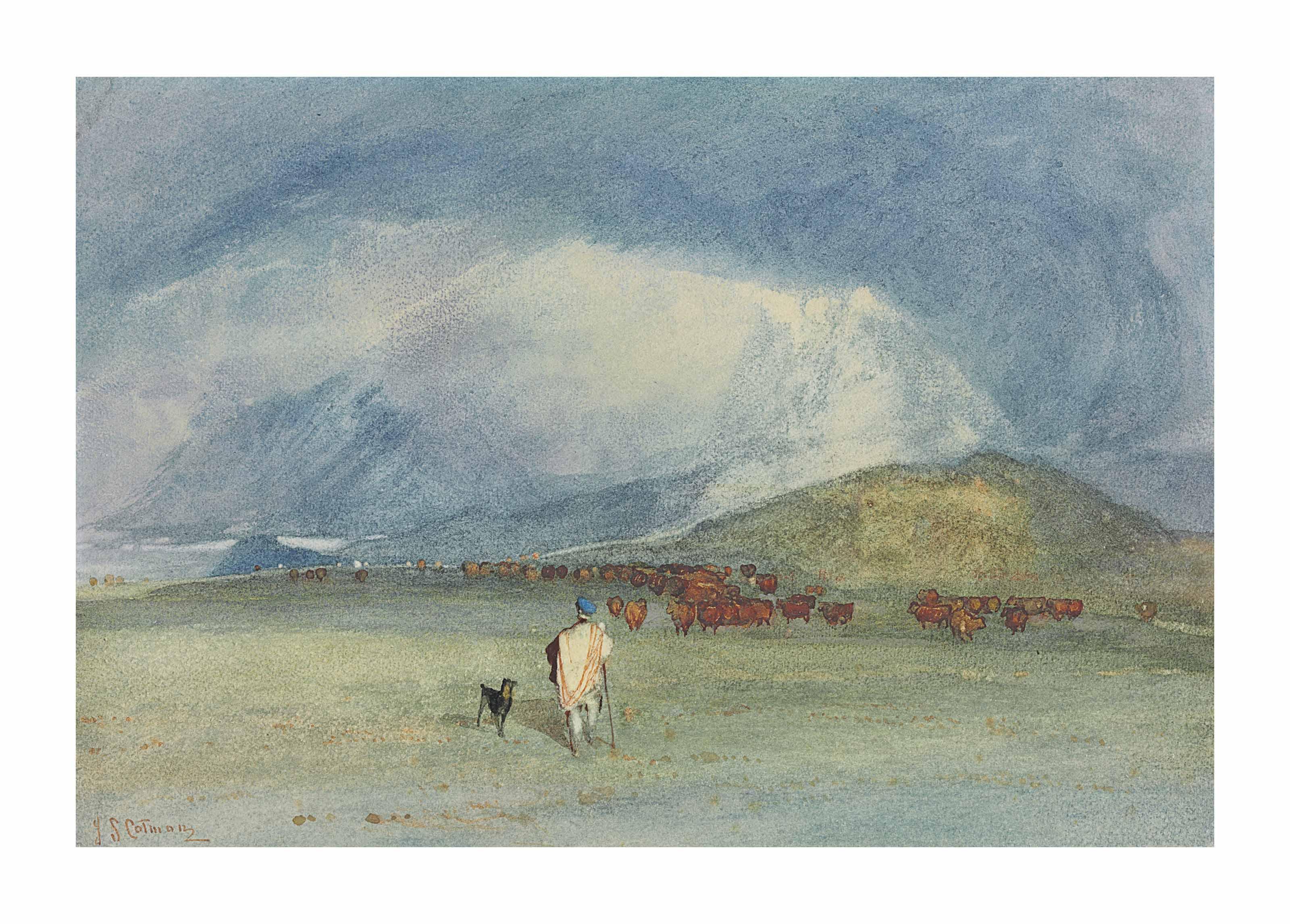 John Sell Cotman - In the Grampians, a drover with his dog and cattle beyond