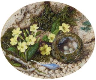John Sherrin, R.W.S. - Primroses, A Crocus And A Bird\'S Nest, On A Mossy Bank