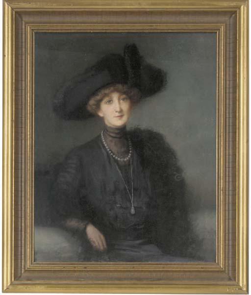 John Shirley Fox - Portrait of a lady, seated half-length, in a black dress, stole and hat