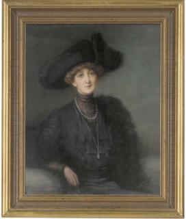 John Shirley Fox - Portrait of a lady, seated half-length, in a black dress, stole and hat