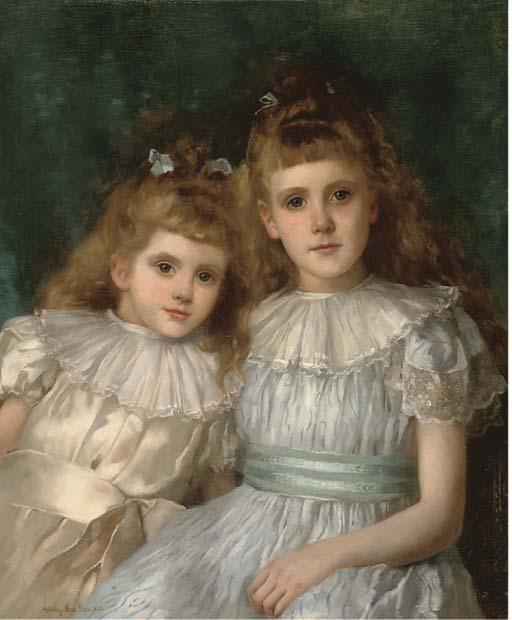 John Shirley Fox - Portrait of Sisters, Half-Length, The Elder In A Blue Dress With White Collar, The Younger In An Oyster Coloured Dress