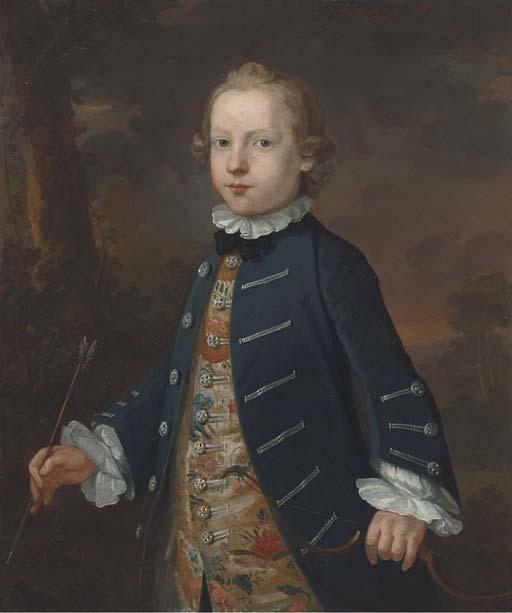 John Simmons - Portrait of A Boy, Three-Quarter-Length, Traditionally Identified As \'Master Best\', In A Blue Coat And Floral Waistcoat, Holding A Bow And Arrow, In A Wooded Landscape