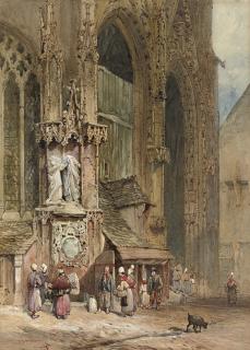 John Skinner Prout, N.W.S. - A Crowd Gathering By A Fountain