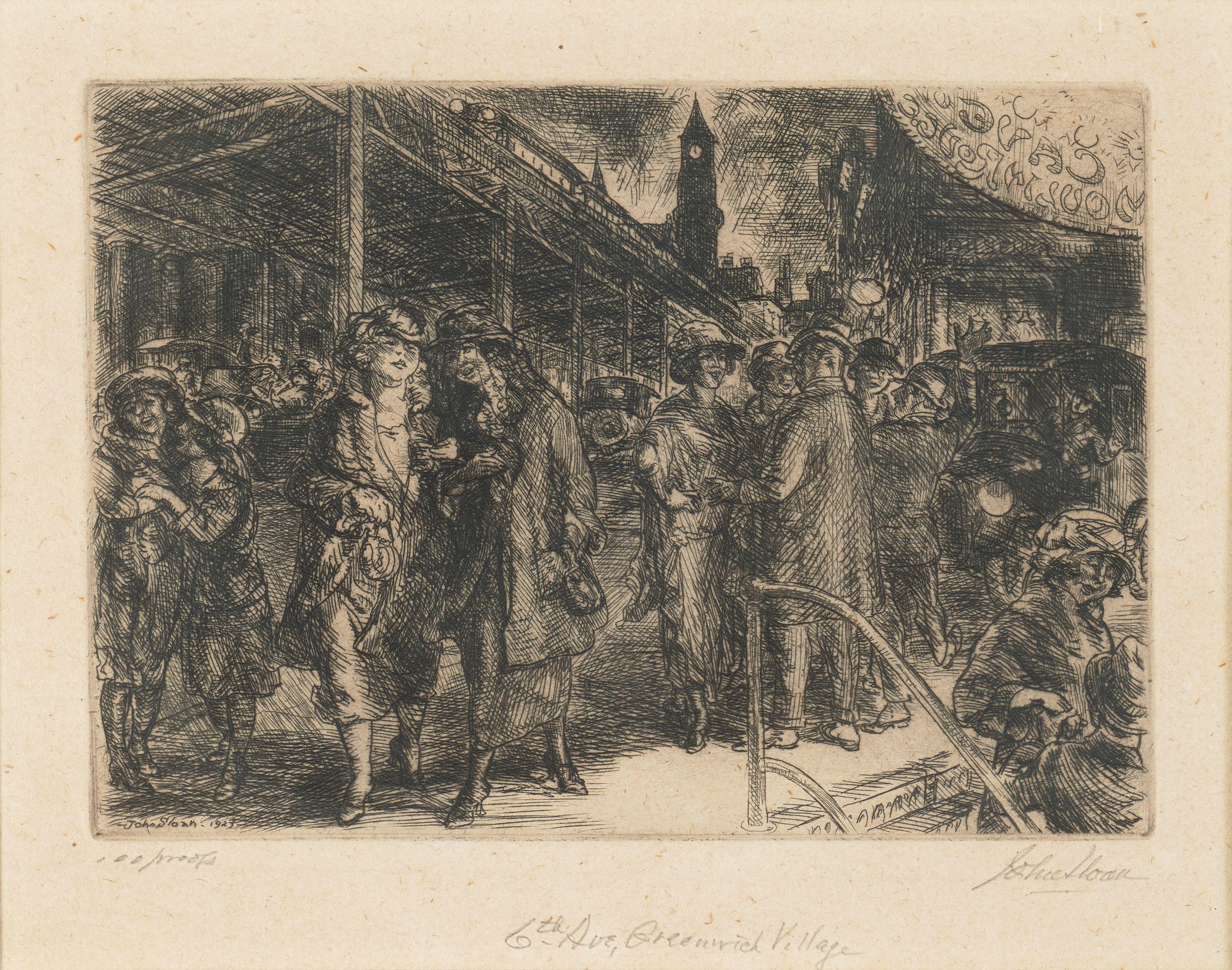 John Sloan - Sixth Avenue, Greenwich Village; Wake on the Ferry (2 works)