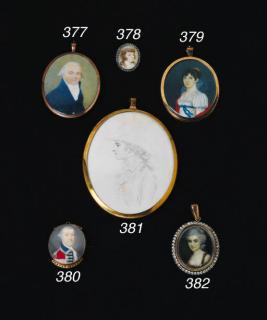 John Smart - A drawing of a young gentleman on card, facing left, wearing a coat, a knotted cravat and large hat, oval