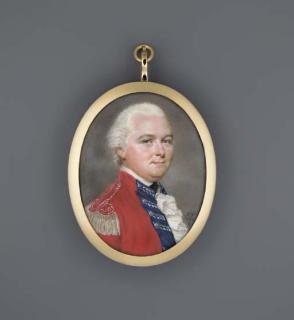 John Smart - A fine miniature of a Lieutenant-General, facing right in the staff uniform of red coat with blue facings with embroidered silver button loops, silver epaulette, lace cravat and black stock, powdered hair