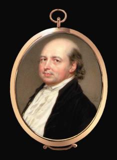 John Smart - A fine miniature of Dr. James Anderson (d. 1809), facing left in aubergine-brown coat with gold buttons, white waistcoat and pleated cravat, receding curly brown hair