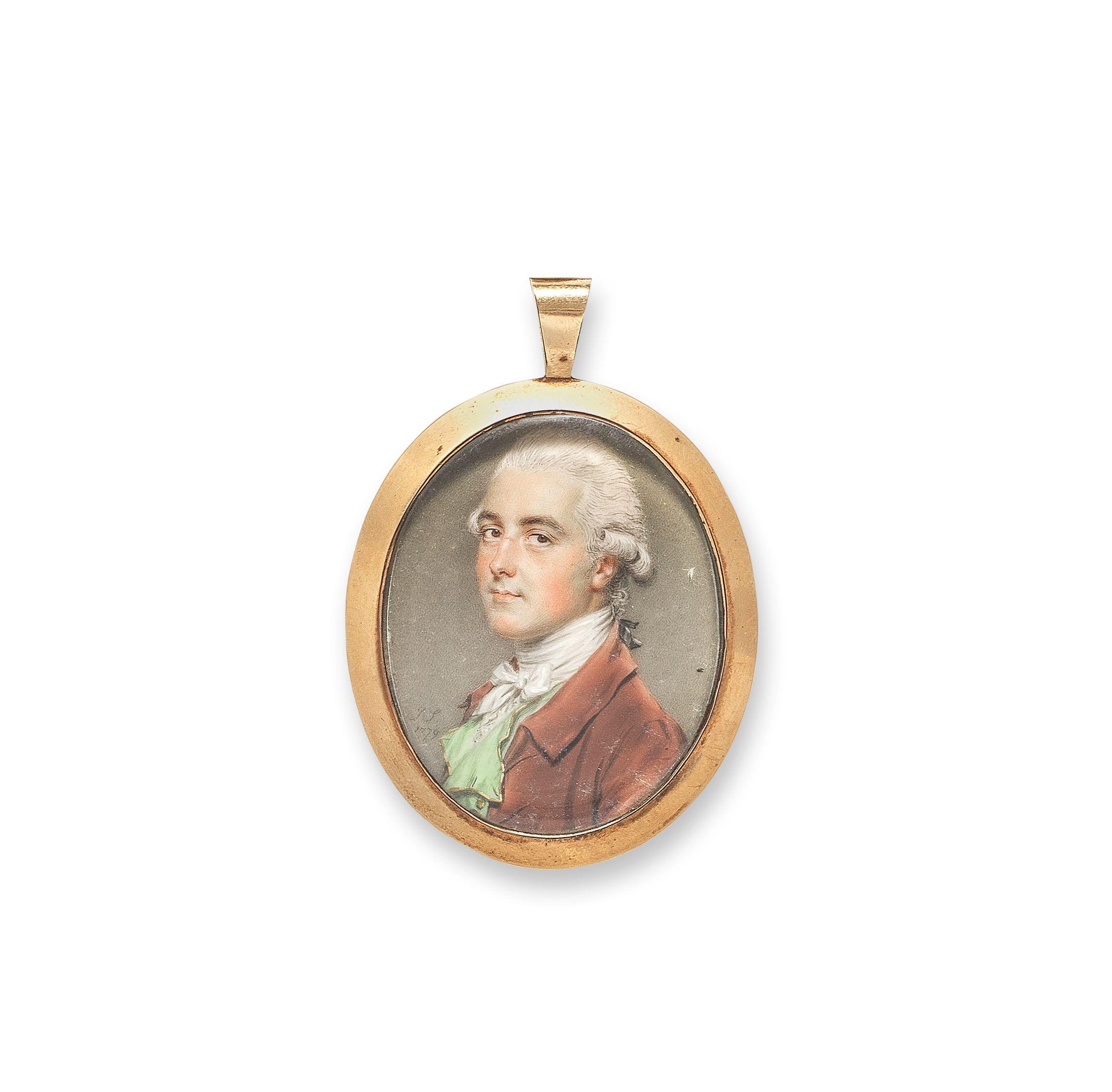 John Smart - A portrait miniature of a gentleman, traditionally identified as Sir John Eden, wearing a brown coat over his green waistcoat, white chemise and stock, his powdered wig worn en queue and tied with black ribbon