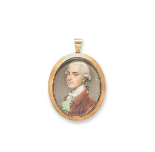 John Smart - A portrait miniature of a gentleman, traditionally identified as Sir John Eden, wearing a brown coat over his green waistcoat, white chemise and stock, his powdered wig worn en queue and tied with black ribbon
