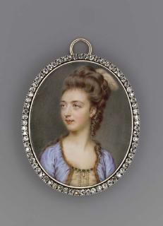 John Smart - A very fine miniature of a young lady, in pearl and emerald-bordered white silk dress, fur-bordered pale blue silk surcoat, white plume and pearls in her upswept curled hair
