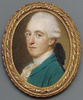 John Smart - A young gentleman, facing left in blue/green coat, floral embroidered cream waistcoat, white stock, powdered hair en queue