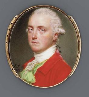 John Smart - A young gentleman, facing left in red coat, gold-bordered bright-green waistcoat and lace cravat, powdered wig en queue