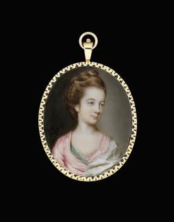 John Smart - A young lady, in green-lined pink satin wrap dress with fine French needle lace at the neckline, white satin mantle, pearls in her upswept and plaited light brown hair