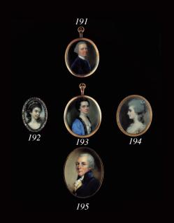 John Smart - Mrs Gilbert Ford, facing right in pearl-bordered white silk dress with red fastenings, fur-bordered blue silk surcoat, pearl choker, pearls in her upswept brown hair