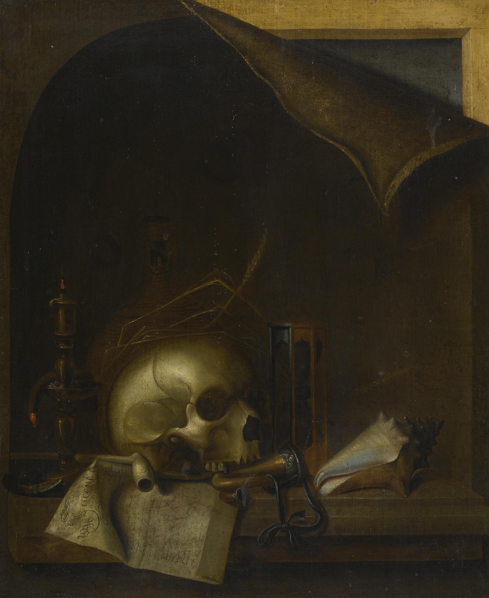 John Stanney - A Trompe L\'Œil Vanitas Still-Life With A Skull And An Hourglass