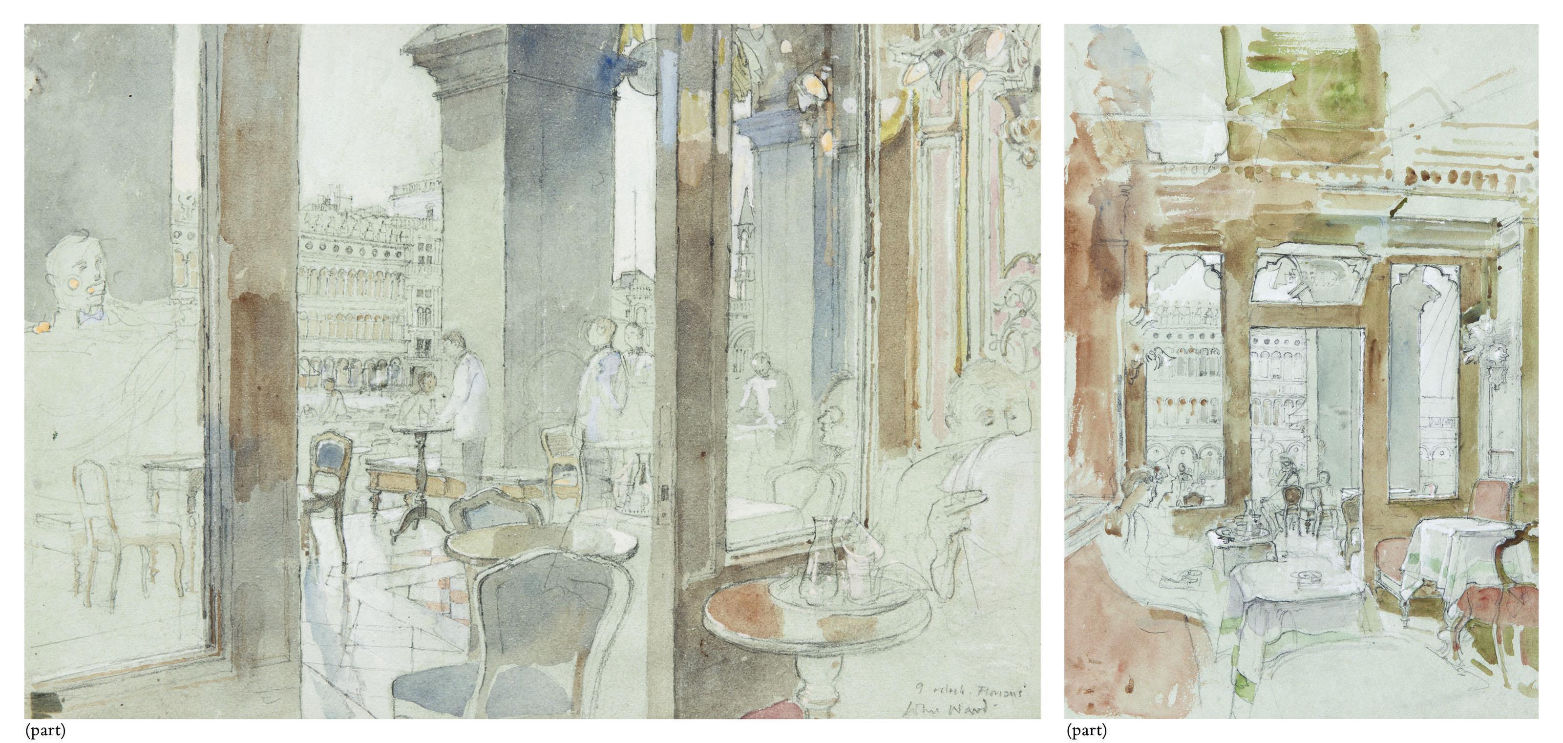 John Stanton Ward, R.A. - 9 o\'clock, Florian\'s (i); Interior of Florian\'s looking out onto St Mark\'s Square (ii); Interior of Florian\'s with figures at tables (iii); The terrace outside Florian\'s (iv); Figures seated at a table (v)