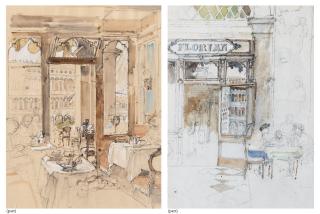 John Stanton Ward, R.A. - Interior of Florian\'s with table set (i); Doorway to Florian\'s (ii); Figures at a table, Florian\'s (iii); The entrance to Florian\'s (iv)