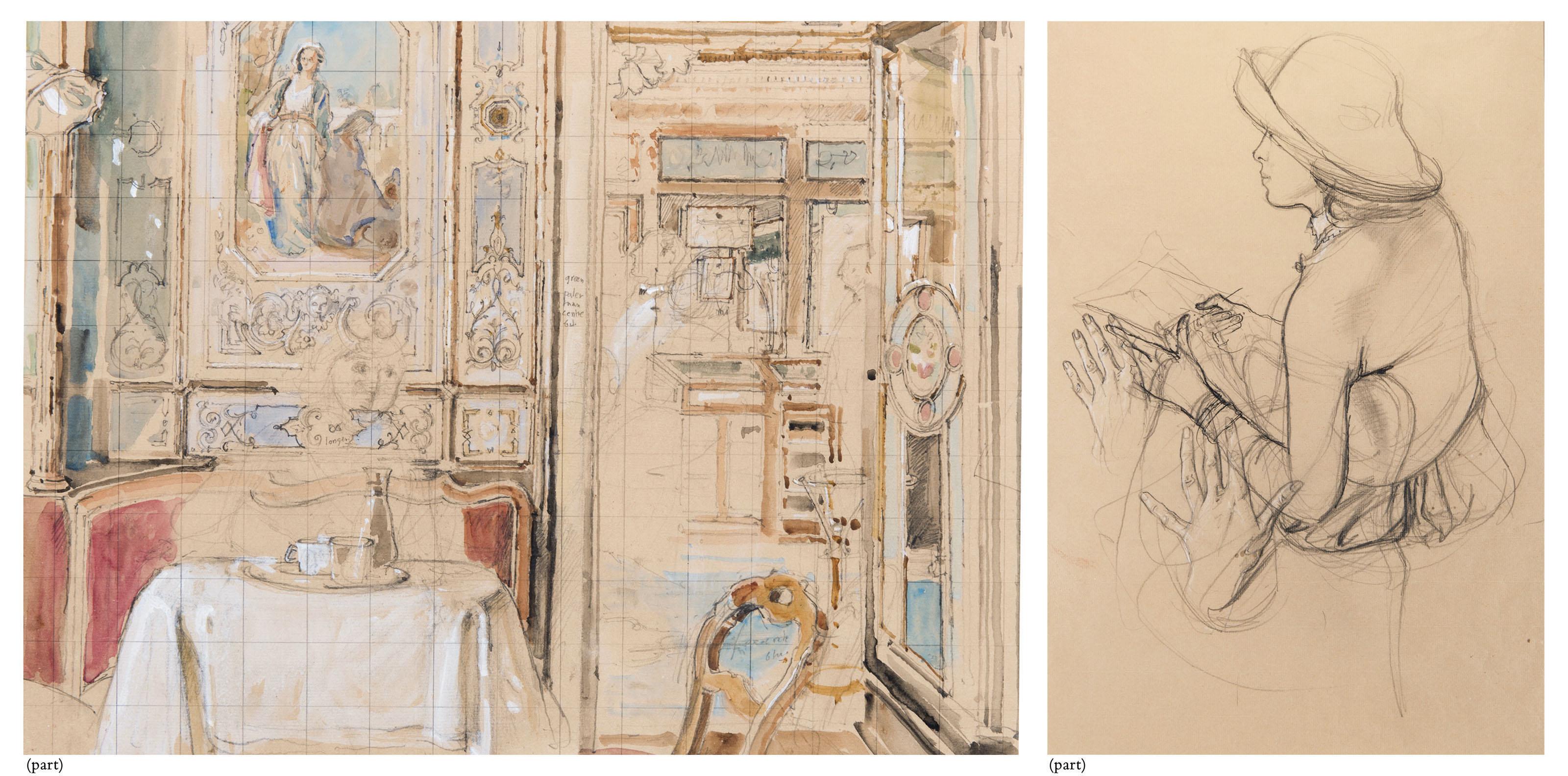 John Stanton Ward, R.A. - Study for \'Interior, Florian\'s, Venice\' (i); Young girl with handbag (ii); Still life, Florian\'s, Venice (iii); Girl with book (iv)