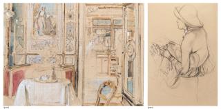 John Stanton Ward, R.A. - Study for \'Interior, Florian\'s, Venice\' (i); Young girl with handbag (ii); Still life, Florian\'s, Venice (iii); Girl with book (iv)