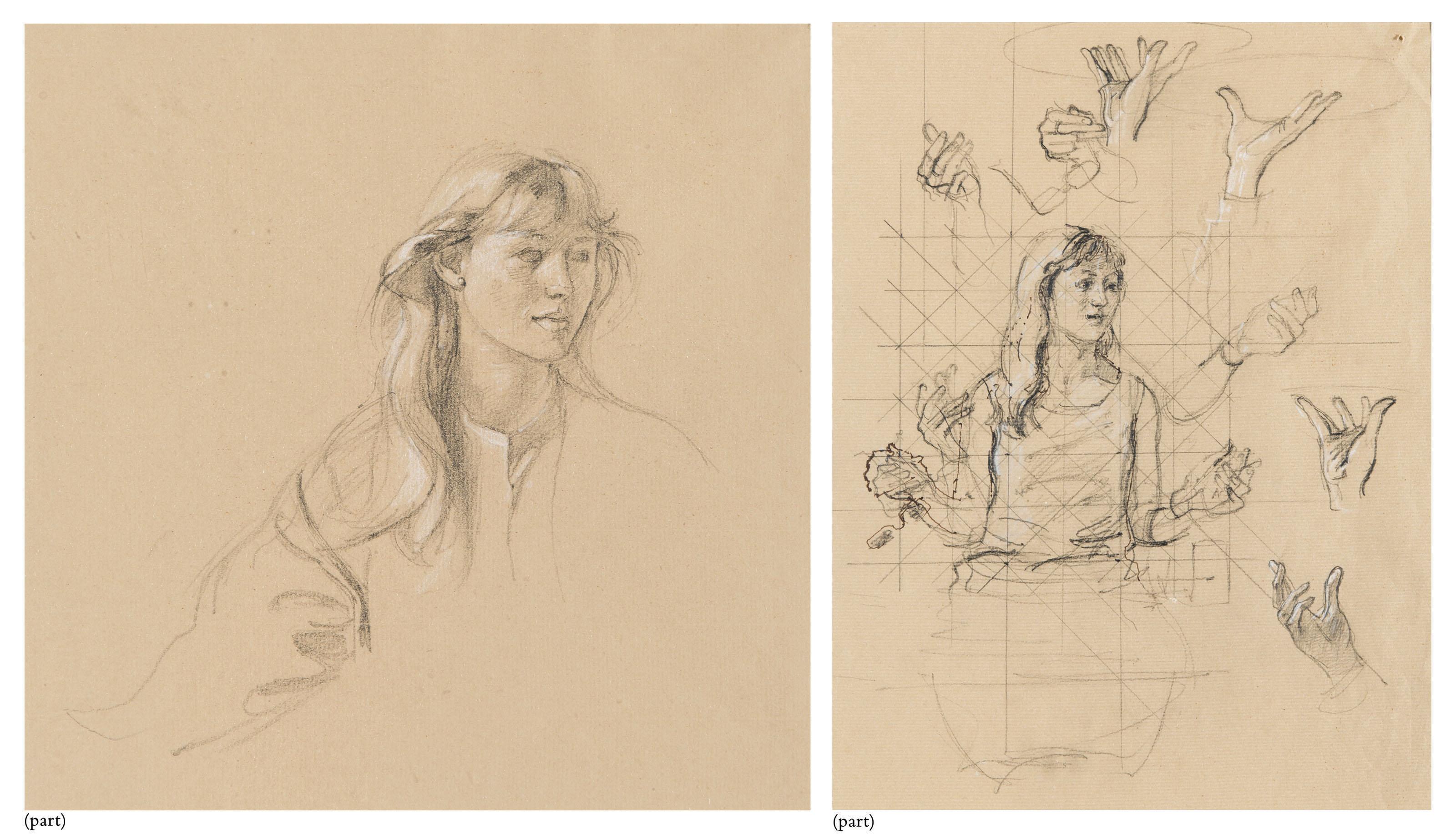 John Stanton Ward, R.A. - Study of a girl, for \'Interior, Florian\'s, Venice\' (i); Figure and arm studies (ii); Seated girl and studies of waiter\'s hands (iii); Studies of hands (iv)