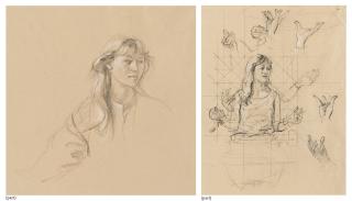 John Stanton Ward, R.A. - Study of a girl, for \'Interior, Florian\'s, Venice\' (i); Figure and arm studies (ii); Seated girl and studies of waiter\'s hands (iii); Studies of hands (iv)