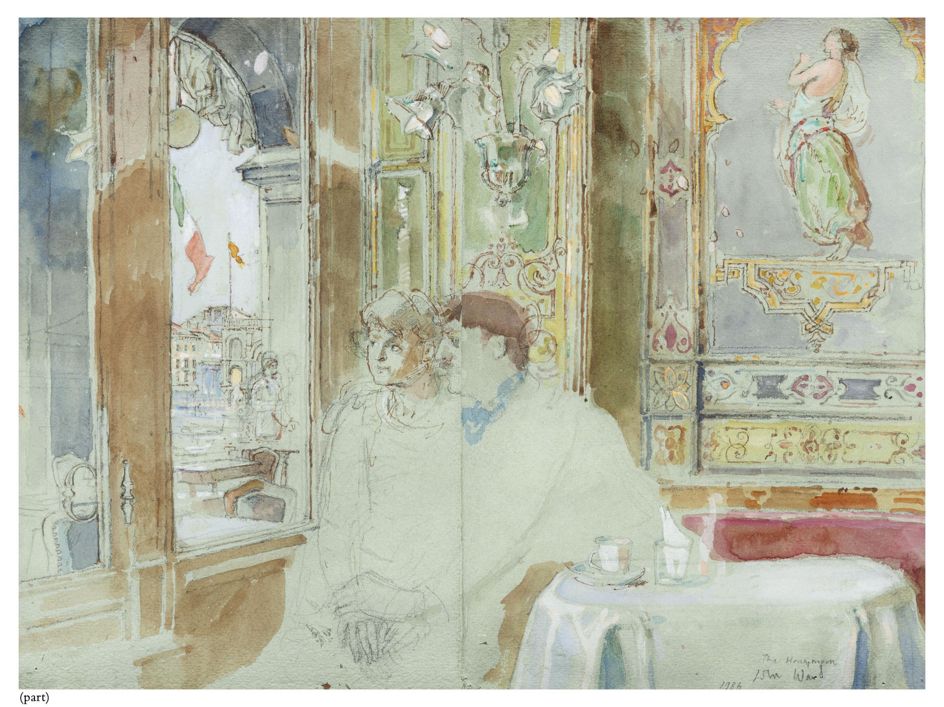 John Stanton Ward, R.A. - The honeymoon (i); A couple seated outside Florian\'s (ii); Interior of Florian\'s with portraits on the walls and umbrella stand (iii)
