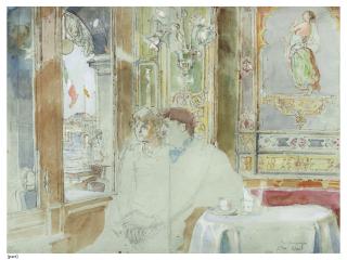 John Stanton Ward, R.A. - The honeymoon (i); A couple seated outside Florian\'s (ii); Interior of Florian\'s with portraits on the walls and umbrella stand (iii)
