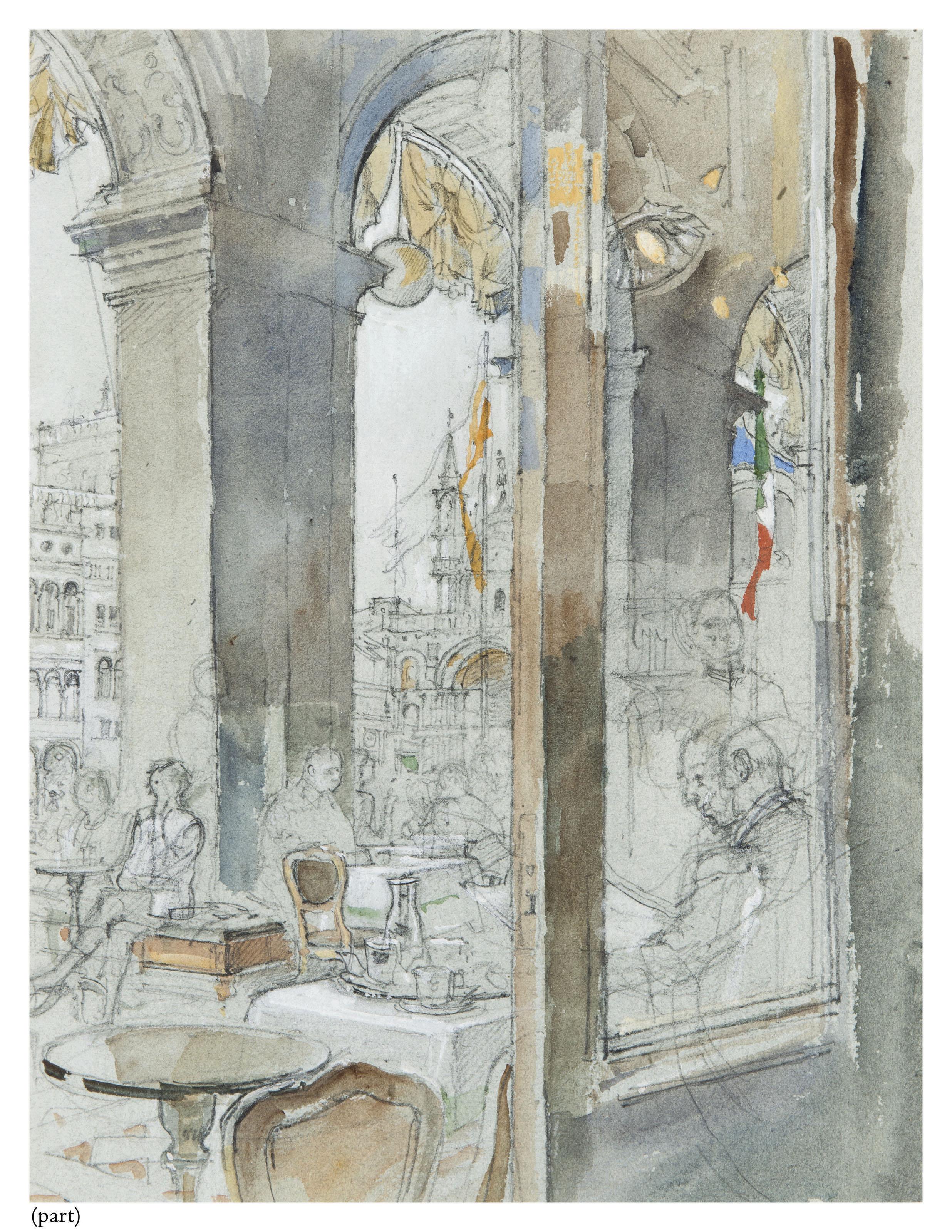 John Stanton Ward, R.A. - Under the arches on the terrace outside Florian\'s (i); Interior of Florian\'s (ii); Sketch of St Mark\'s Square (iii); Florian\'s, breakfast time (iv)