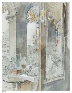 John Stanton Ward, R.A. - Under the arches on the terrace outside Florian\'s (i); Interior of Florian\'s (ii); Sketch of St Mark\'s Square (iii); Florian\'s, breakfast time (iv)