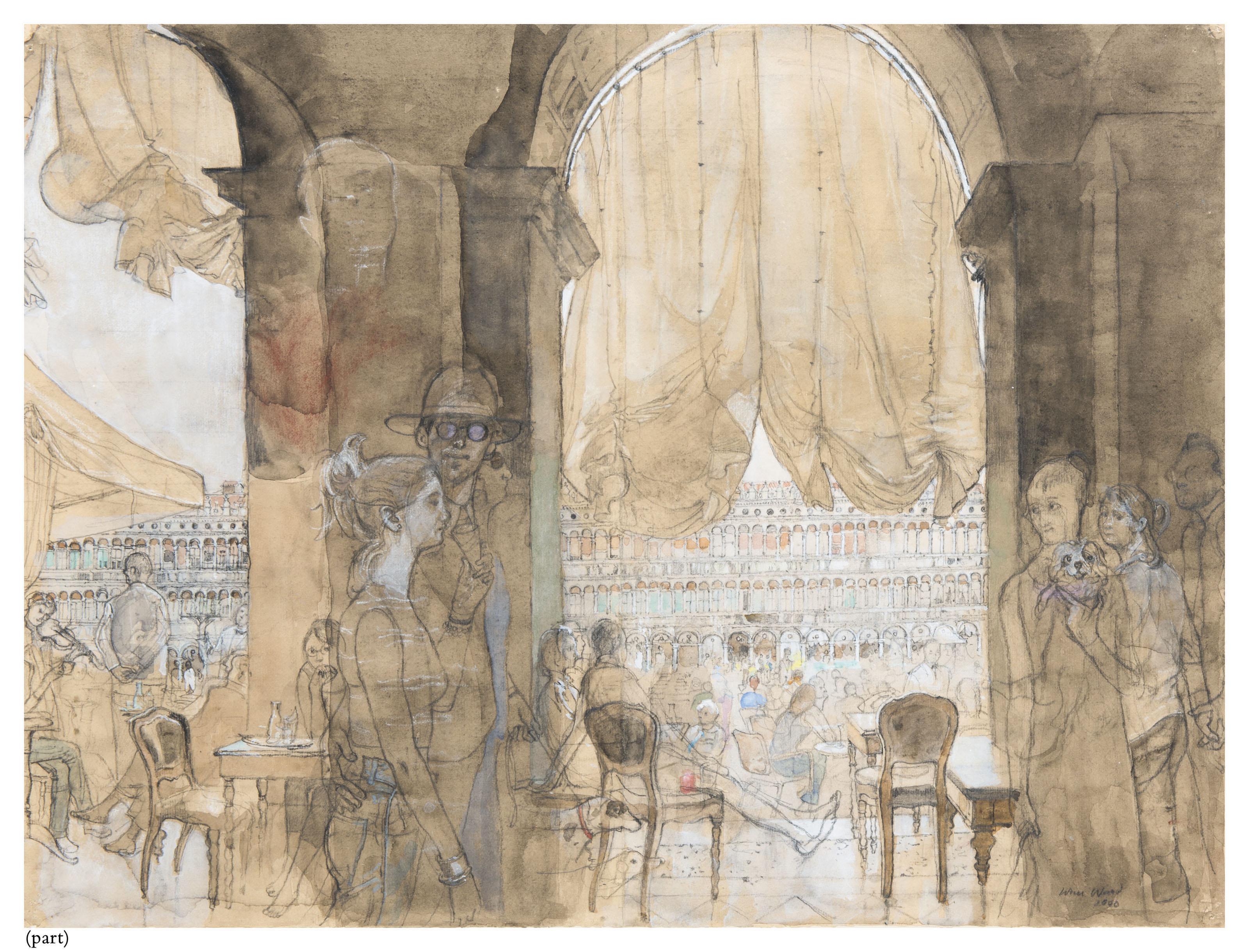 John Stanton Ward, R.A. - View of the Piazza from Florian\'s (i); Florian\'s interior looking across St Mark\'s Square (ii); Figures seated at a table outside Florian\'s (iii)