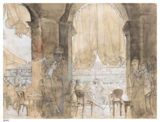 John Stanton Ward, R.A. - View of the Piazza from Florian\'s (i); Florian\'s interior looking across St Mark\'s Square (ii); Figures seated at a table outside Florian\'s (iii)