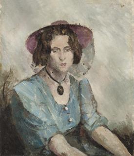 John Stanton Ward - Portrait of A Lady, Seated Half-Length, In A Blue Dress With A Pink Hat