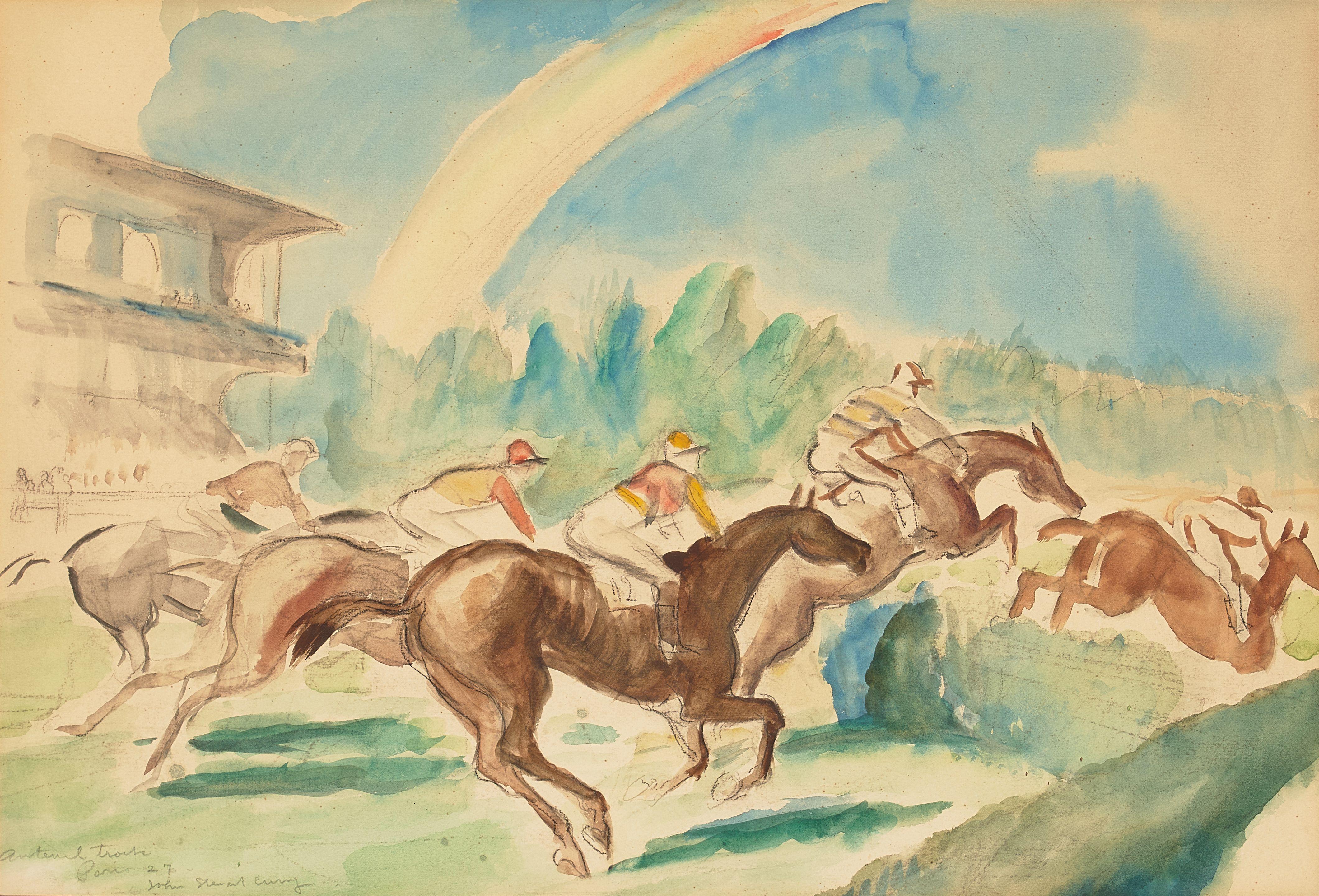 John Steuart Curry - Auteuil Track sight 12 3/4 x 18 3/4 in. framed 21 x 27 1/4 in.