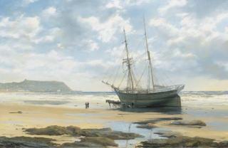 John Steven Dews - A beached brig on the sands at Scarborough