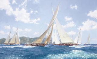John Steven Dews - Endeavour crosses ahead; Valsheda and Endeavour racing 1999, Antigua Classics Regatta