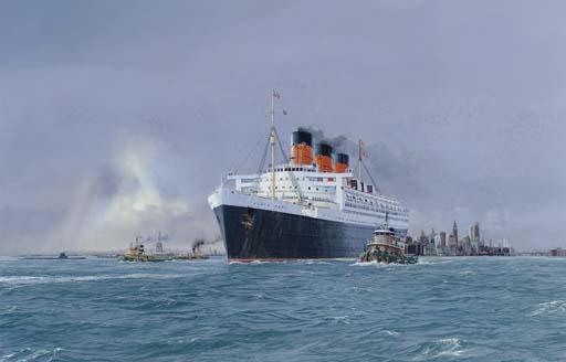 John Stewart - The English Liner Queen Mary Under Tug Escort And Outward Bound From New York On Her Way To England