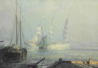 John Stobart - The Abner Coburn Leaving the East River in Mist