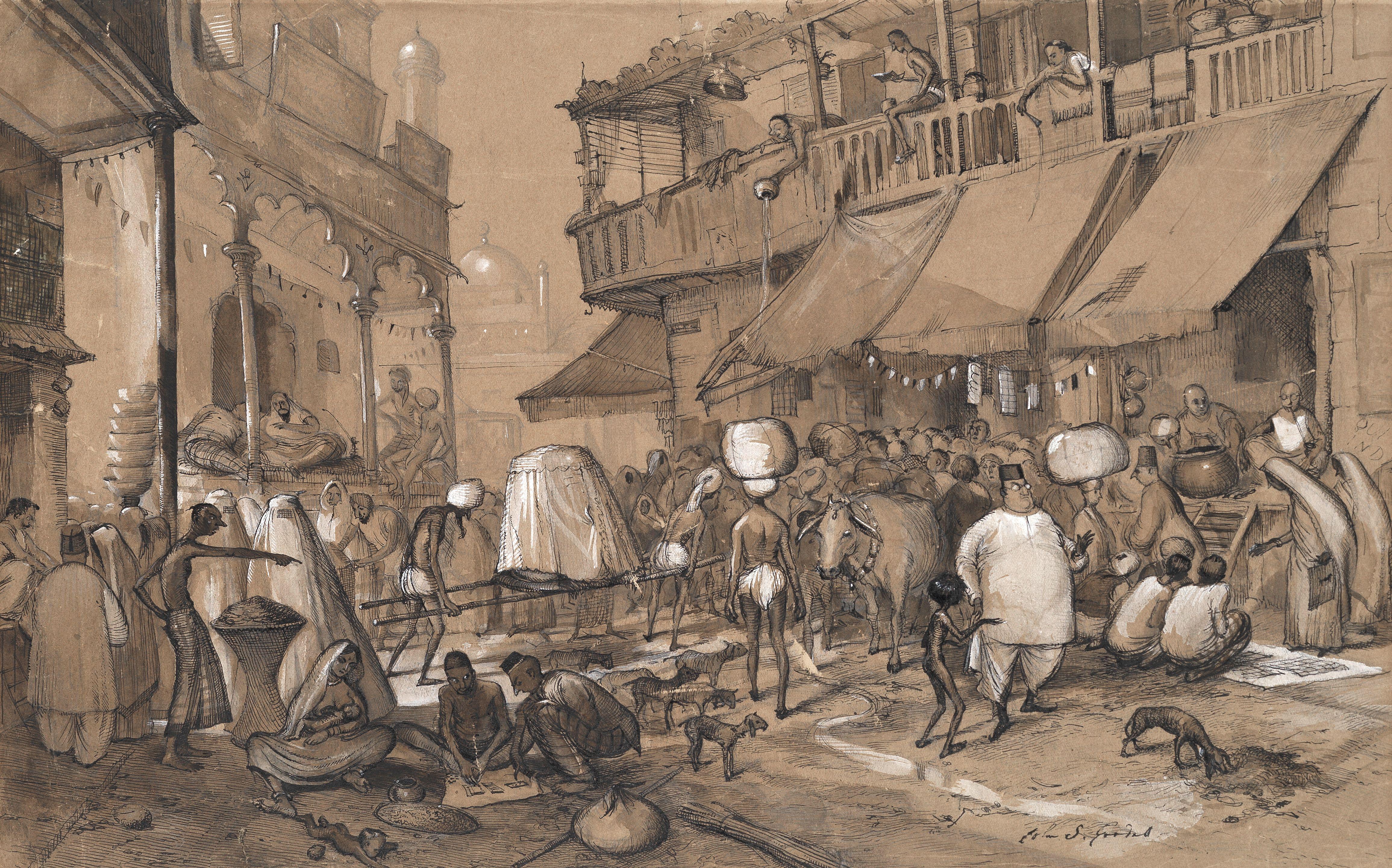 John Strickland Goodall - A Busy Street Scene Near Jama Masjid Mosque, Bombay