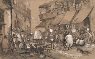 John Strickland Goodall - A Busy Street Scene Near Jama Masjid Mosque, Bombay